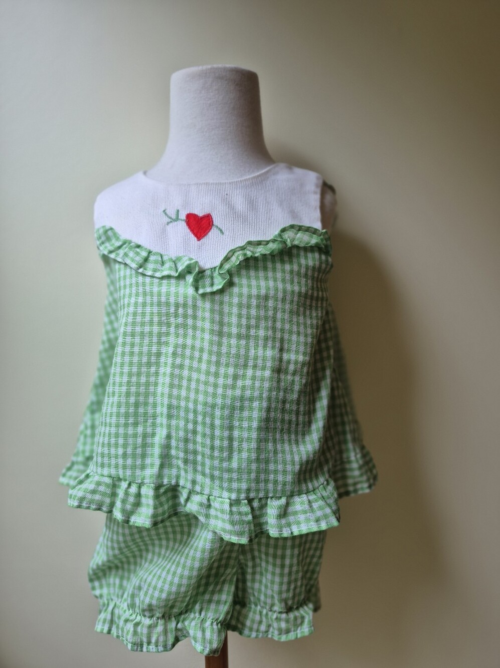 Vintage Toddle Time JCPenney Gingham Ruffle Short Set with Heart Embroidery